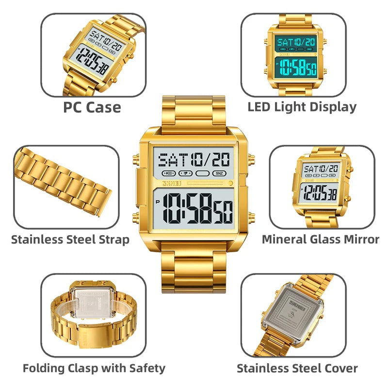 Skmei Luxury Brand Steel Strap Digital Watches for Mens Dual Time Zone Waterproof LED Chronograph Fashion Date Week Alarm Clock