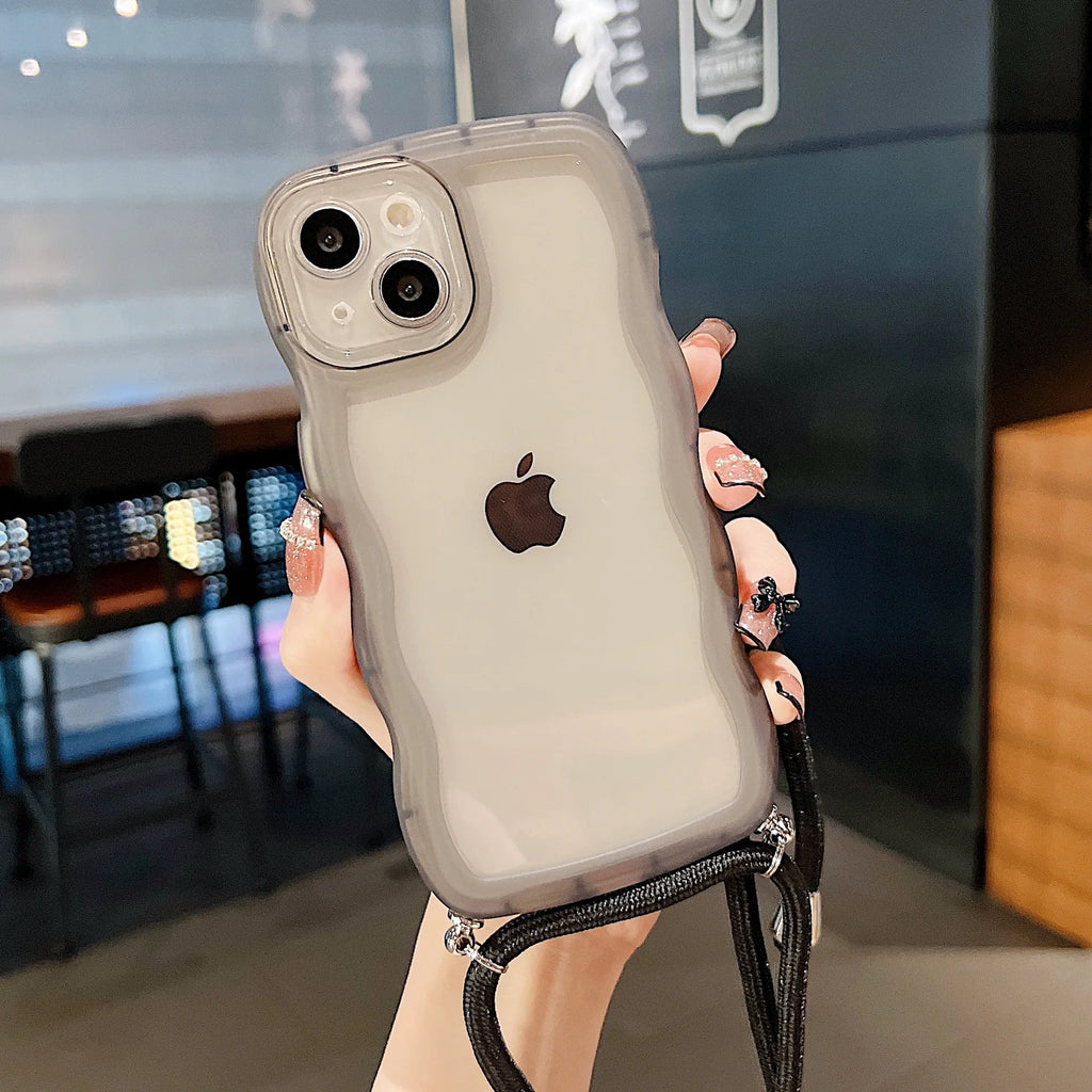 Crossbody Necklace Strap Lanyard Cord Phone Case For iPhone 17 16 15 14 13 12 11 Pro Max XR XS 7Plus Soft Cute Curly Wave Cover