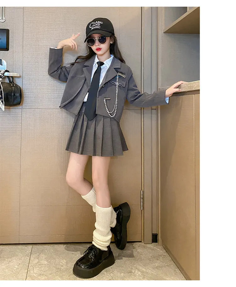 Junior Girl JK School Uniform Set Unique Formal Chain Smart Jackets and Pleated Skirt 2Pcs School Kids Child Uniform Blazer Suit