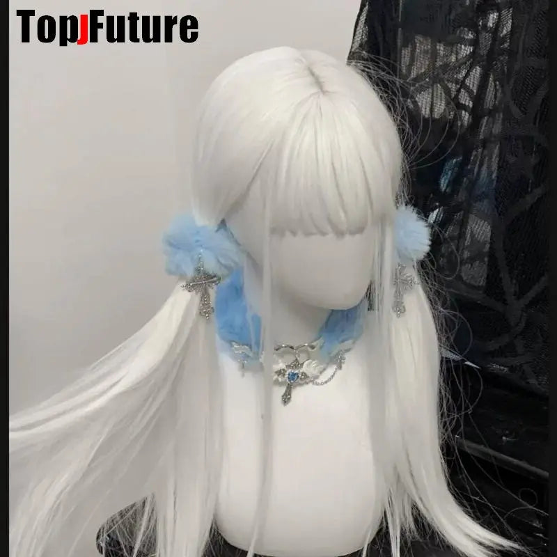 Girl Vintage  y2k Girl  gothic lolita cosplay Harajuku Punk Angel wing cross furry hair loop hair rope elastic hair bands