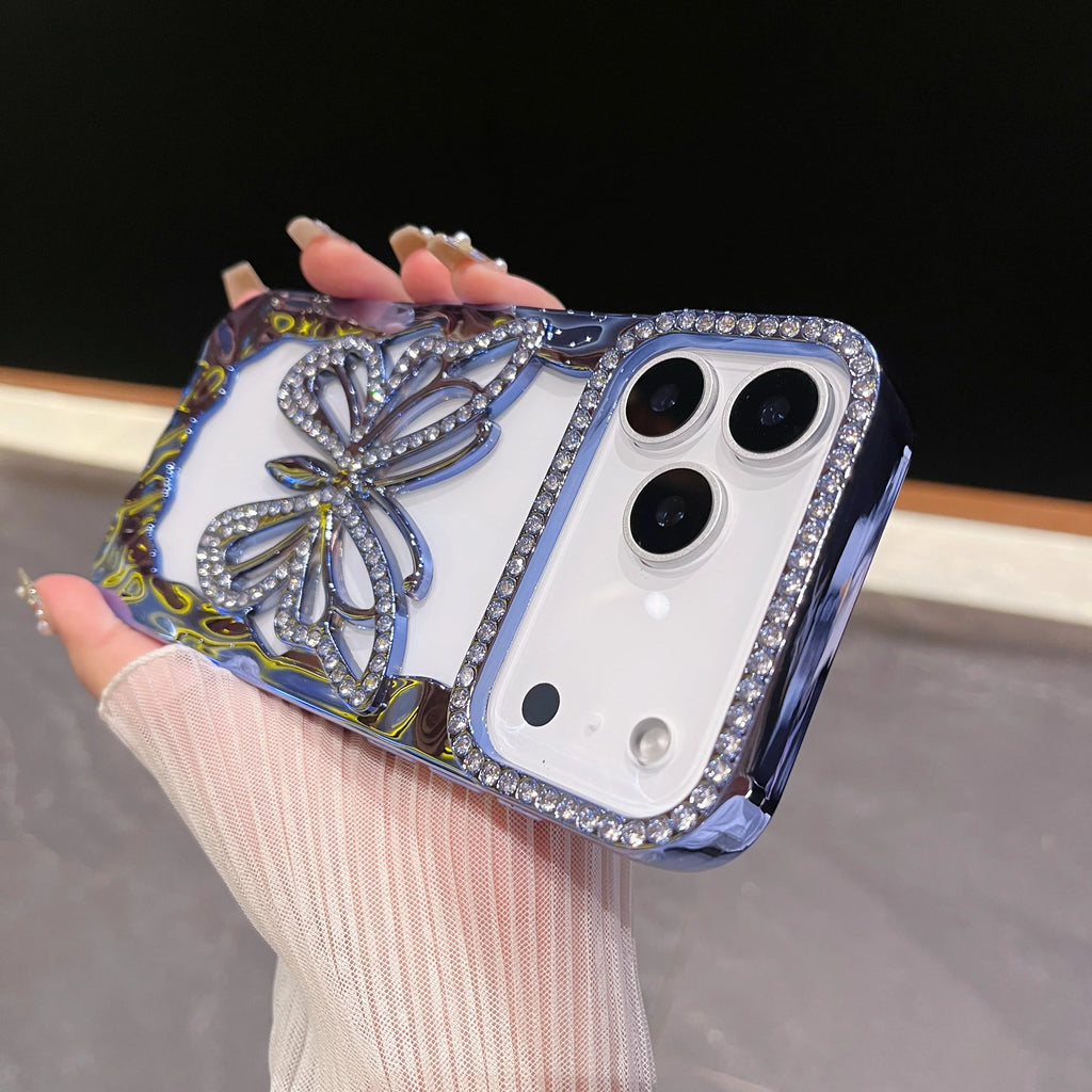 Bling Diamond Hollow Butterfly Phone Case For iPhone 17 Air 16 15 14 Plus 13 12 11 Pro Max Plating Glitter Shockproof Soft Cover