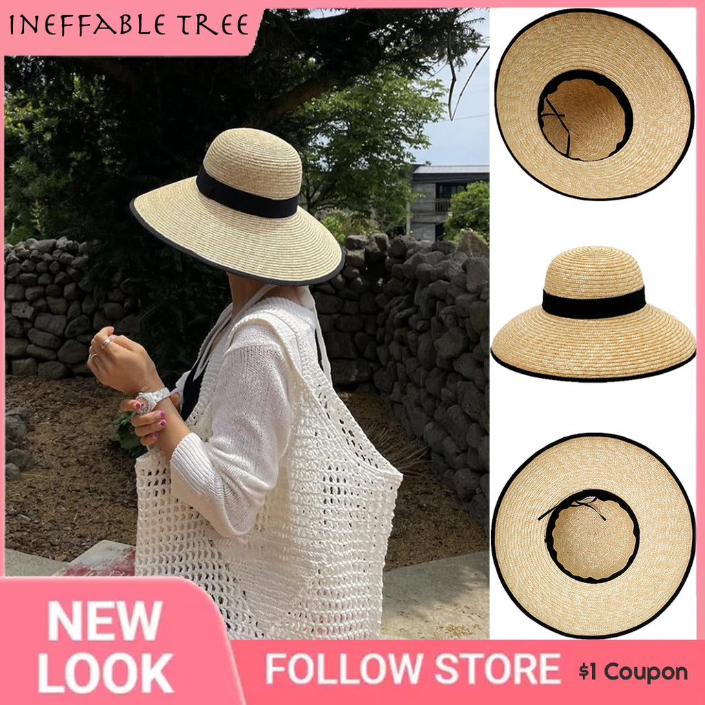 Wide-Brimmed Black-Trimmed Straw Hats for Women Summer Vintage French Elegant Hepburn Wide-Brimmed Woven Beach Caps Casquette
