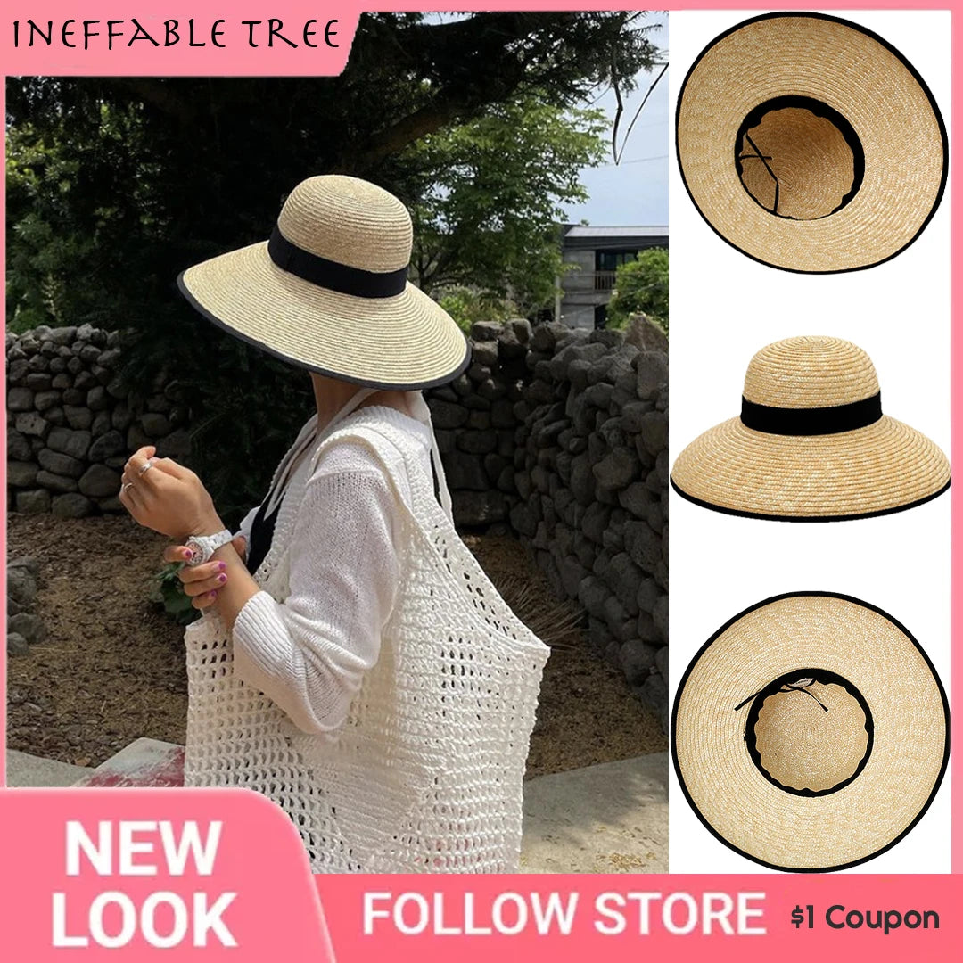 Wide-Brimmed Black-Trimmed Straw Hats for Women Summer Vintage French Elegant Hepburn Wide-Brimmed Woven Beach Caps Casquette