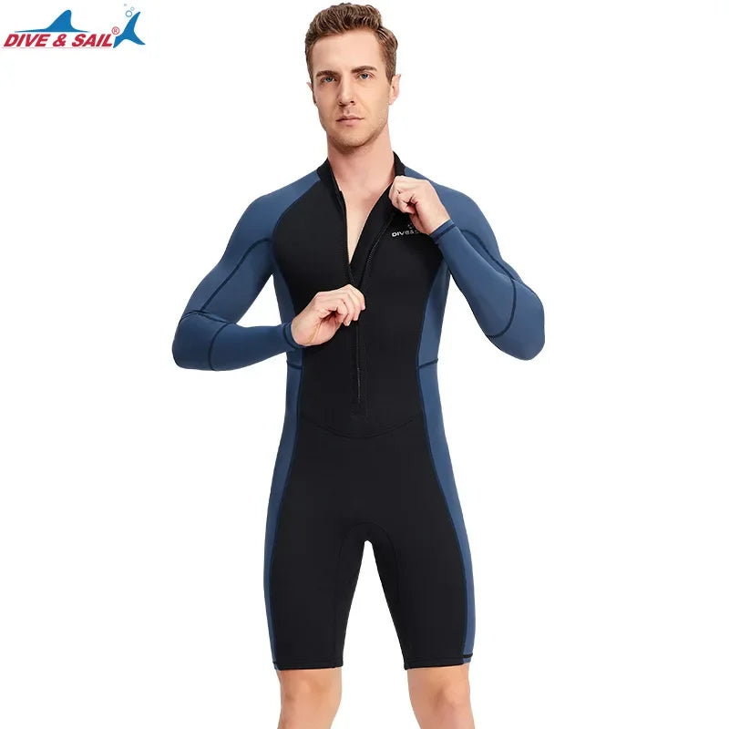 Men 1.5MM Diving Wetsuit One-piece Long-sleeve Sunscreen Wetsuit Snorkeling Surfing Warm Swimming Suit