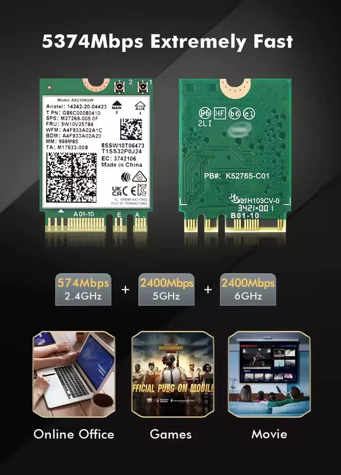 WiFi 6E AX210 Wireless Card 5374Mbps BT5.3 Tri-Band 2.4GHz/5GHz/6GHz 802.11ax High-Speed Network Adapter AX210NGW Fow Win10/11