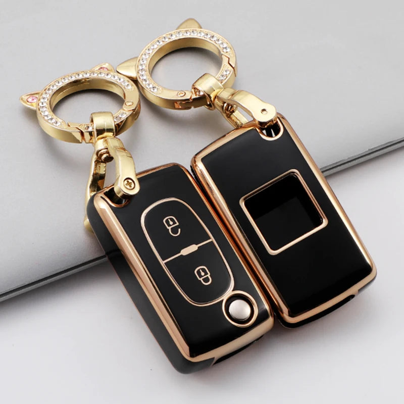 2 Button Folding Car Key Case for PEUGEOT 207 407 307 308 607 for Citroen C2 C4 C5 TPU Cover Fob Rubber Skin Protect Keychain
