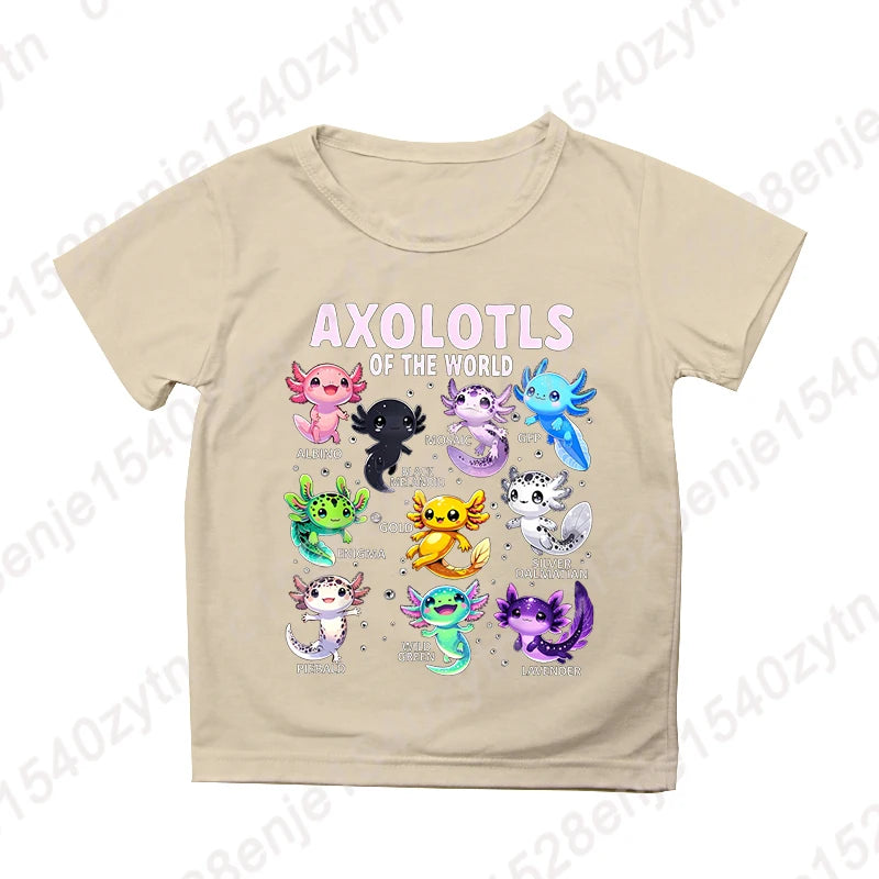 Colorful Cartoon Axolotls Graphic Print Tee, Girls' Casual & Comfy Crew Neck Short Sleeve T-shirt For Spring & Summer