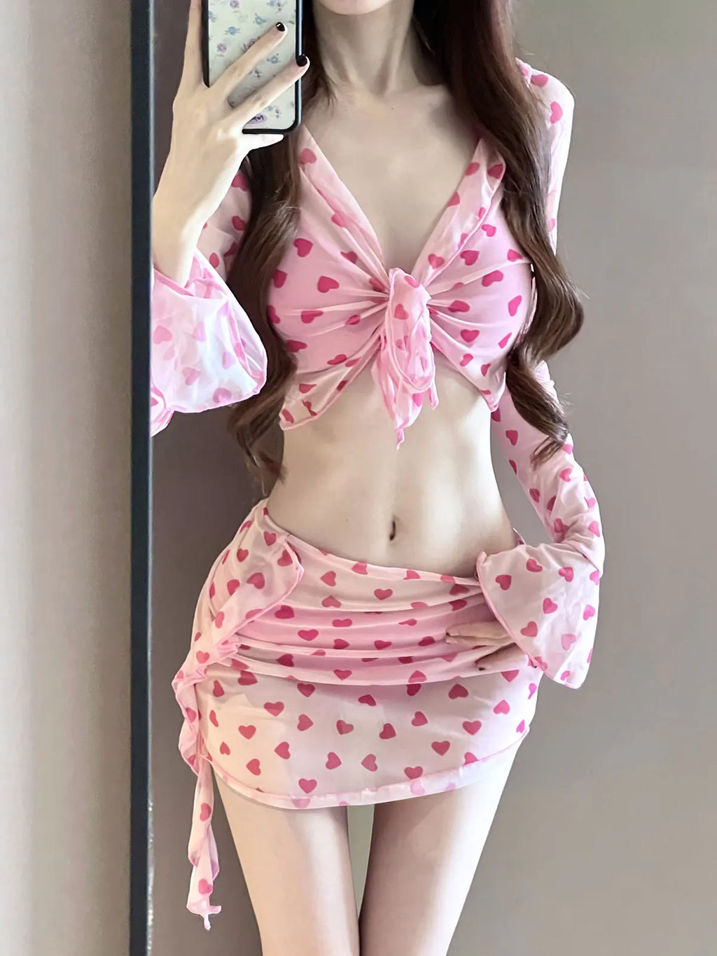 sexy Korean fashion pink heart print swimsuit 4pcs autumn long flare sleeve cover top with skirt bikinis padded swimwear biquini