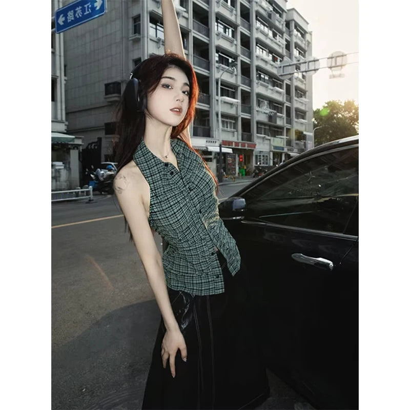 MEXZT Y2K Plaid Tanks Tops Women Vintage Sexy Halter Camis Summer Gyaru Harajuku Aesthetic Sleeveless Casual Design Clothes New