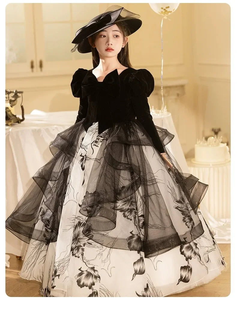 Girls' Spring Dress 3-14y Sweet Girls Floral Puff Long Sleeve PrincessCostumes Vestidos Dresses Kid's Clothes Children's Mes