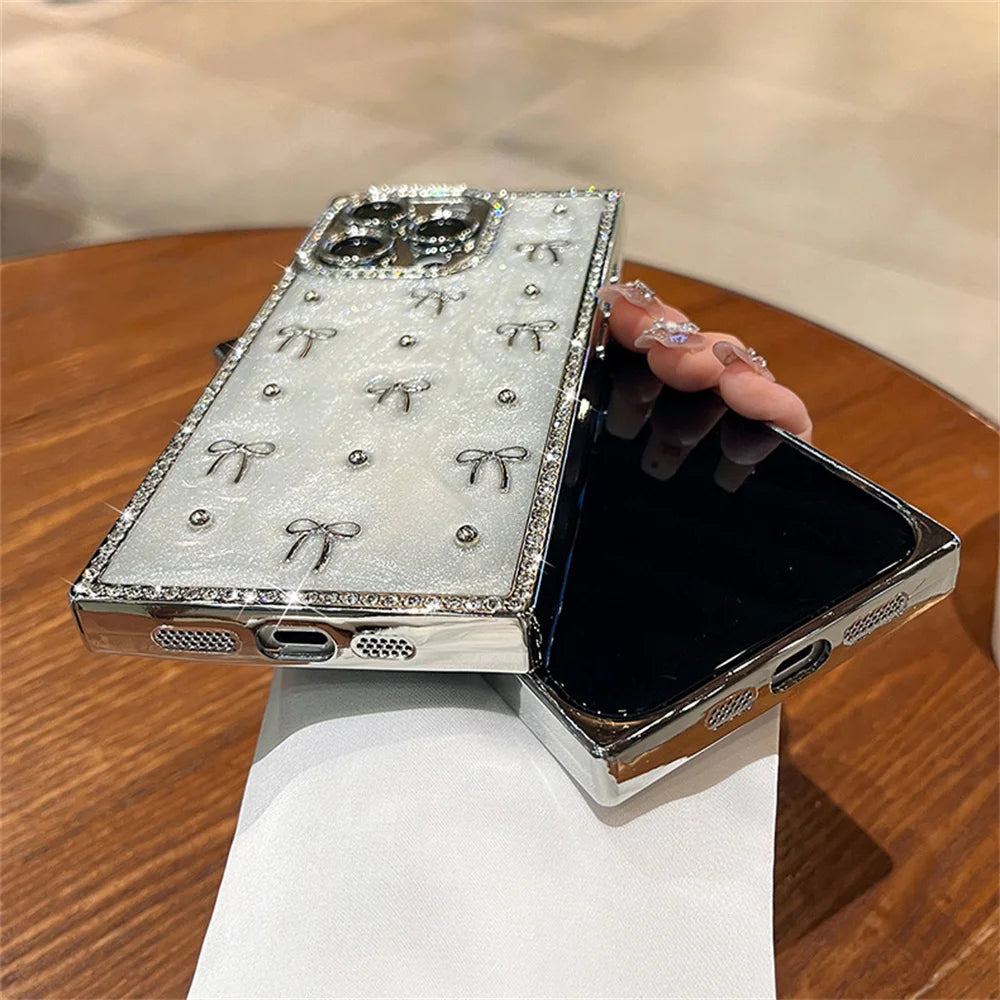 Luxury Rhinestone Bow Glitter Glossy Phone Case For iPhone 17 16 15 14 13 Pro Max Plus Lens Camera Protection Plating Back Cover