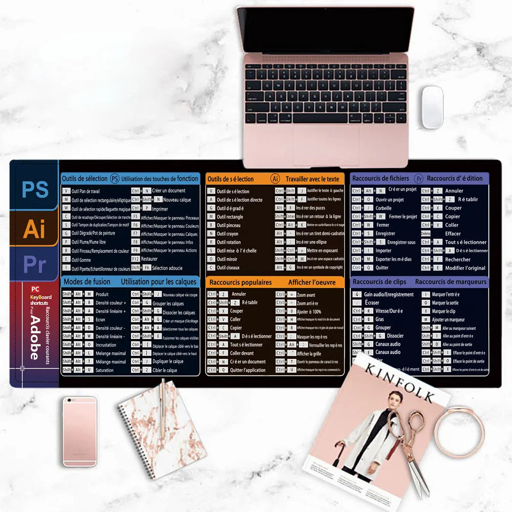 French Excel Shortcuts Mouse Pad Large Extended Office Computer Desk Mat Big Keyboard Mousepad With Stitched Edge Non-Slip Base