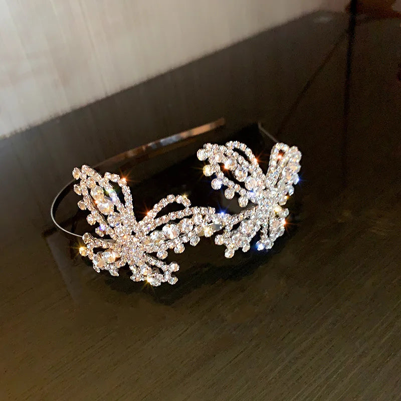 DREJEW Butterfly Hairbands for Women Rhinestone Crystal Long Tassel Chain Headband Simulated Pearl Headwear Hair Accessories