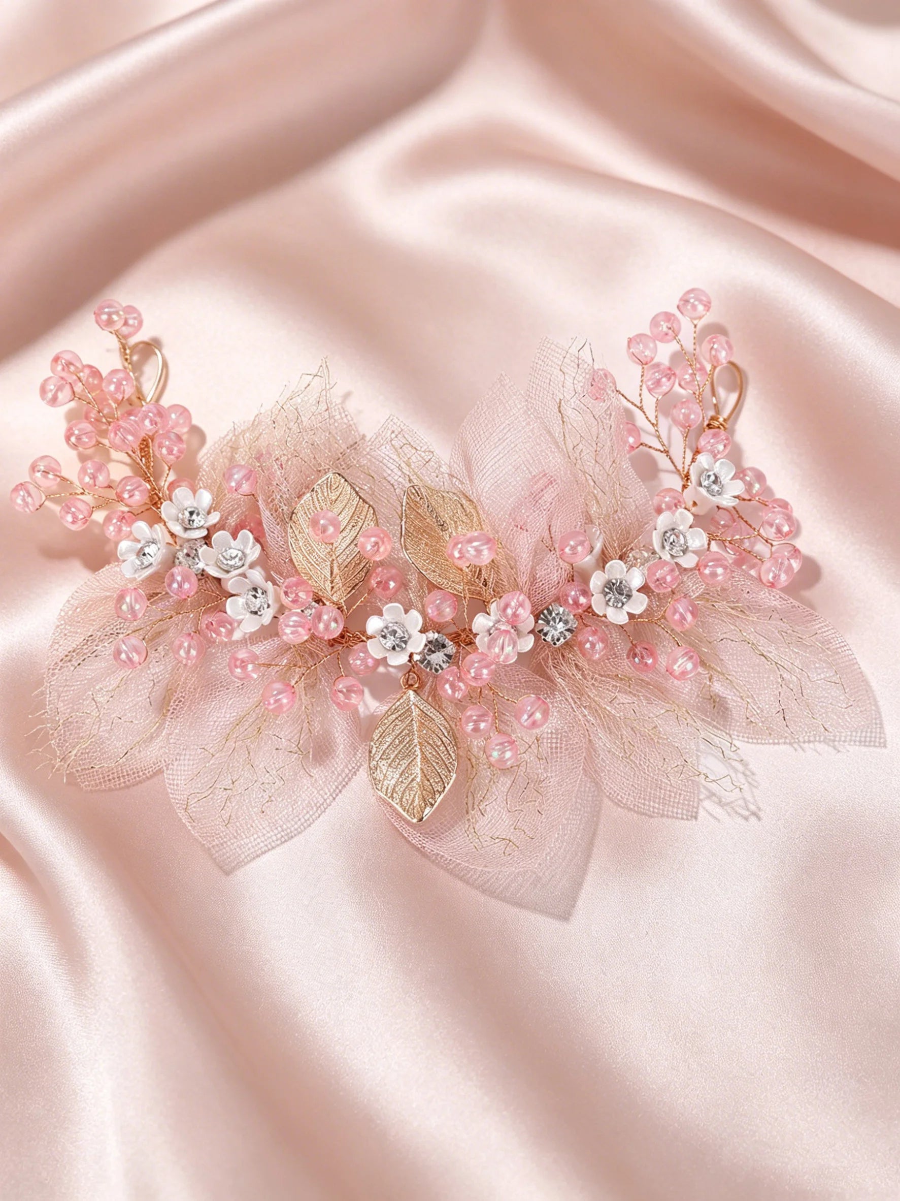 Bridal Wedding Pearl Headpiece Hair Chain Hairband Hair Accessory Pink Tulle Pearl Headpiece Girls' Performance Hair Accessory