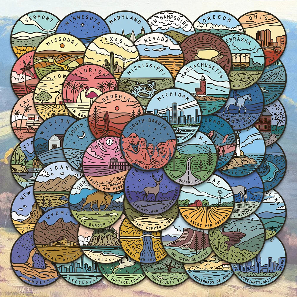 50PCS American 50 States Tourism Landscape City Stickers Decals Kids DIY Diary Suitcase Scrapbook Phone Laptop Bike Sticker