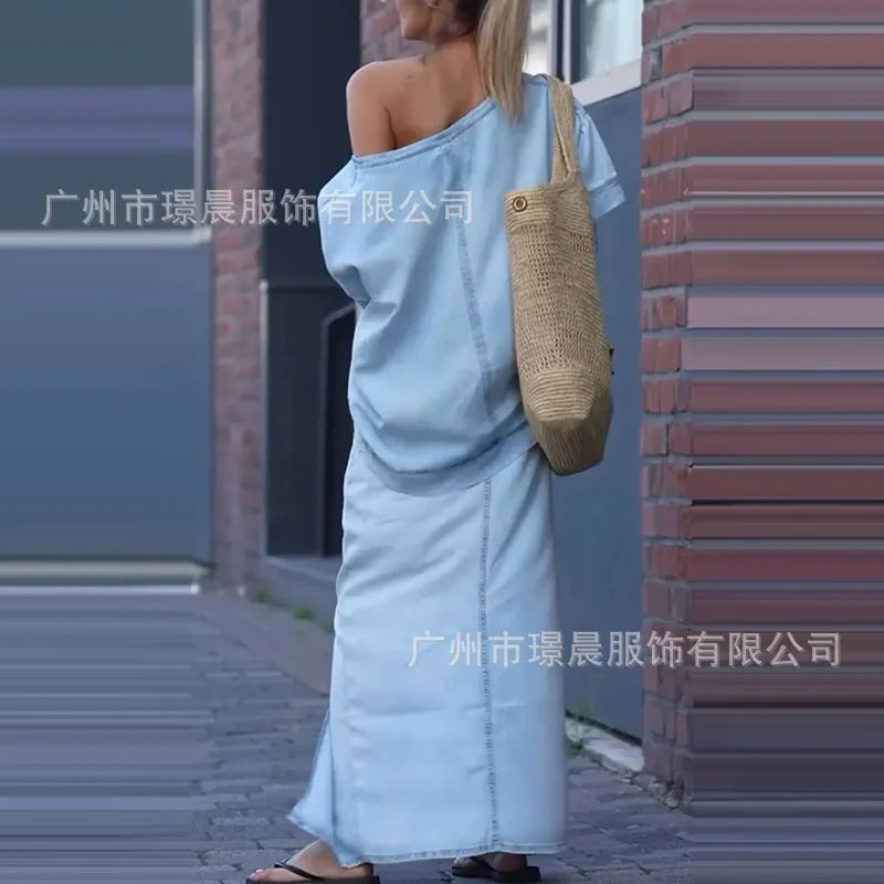 Denim Blue Fashion Split Skirt 2 Piece Set Casual Loose Off-the-shoulder Top + Slim Elegant Pencil Skirt Two-piece Set Women's