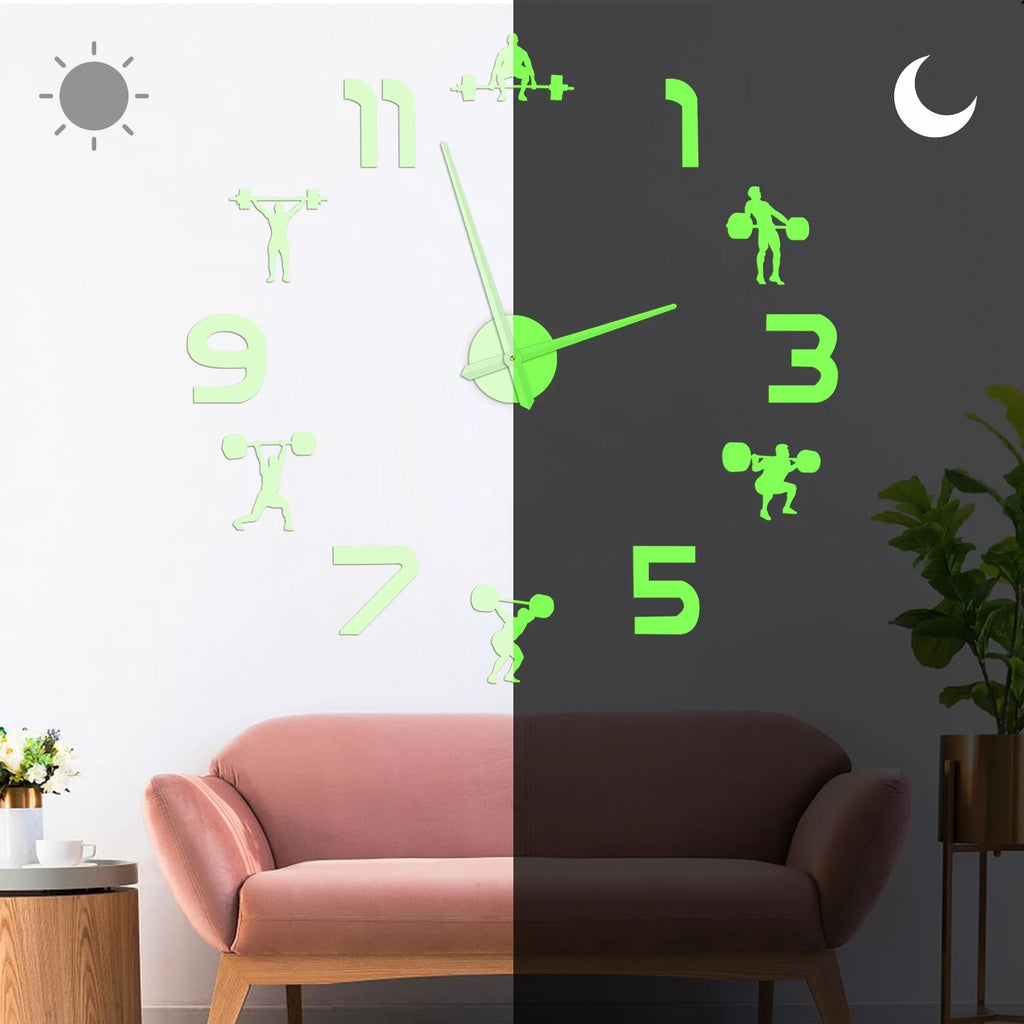 Weightlifting Fitness Room Wall Decor DIY Giant Wall Clock Mirror Effect Powerlifting Frameless Large Wall Clock GYM Wall Watch