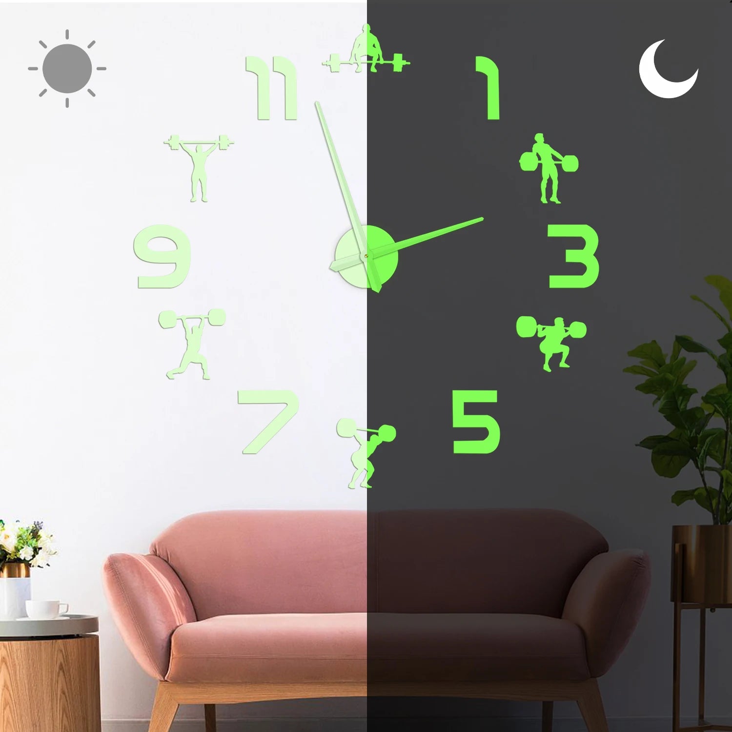 Weightlifting Fitness Room Wall Decor DIY Giant Wall Clock Mirror Effect Powerlifting Frameless Large Wall Clock GYM Wall Watch