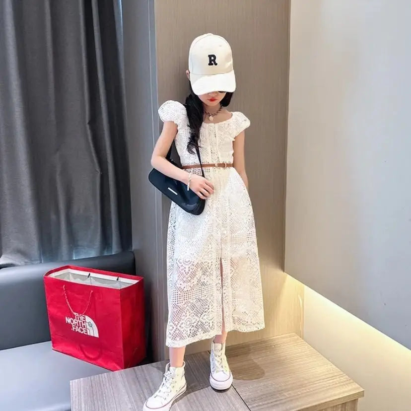 Girls' Set 2025 New Summer Korean  Lace Hollow Set Elegant Medium sized Children's Dress