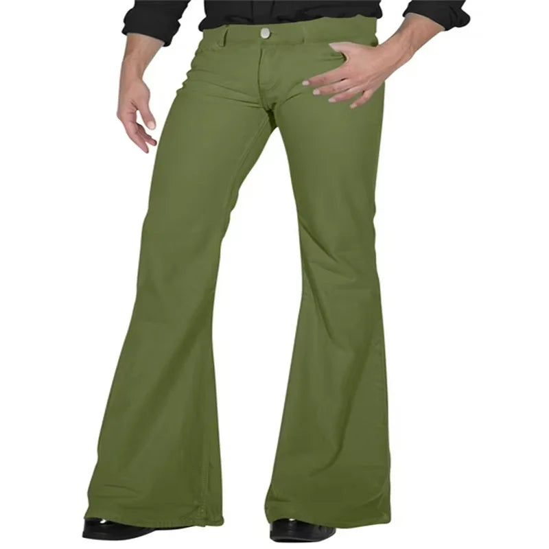 2026 Fashion Men's Vintage Disco Flared Pants Solid Stretch Slim Fit Trousers Hippie Style Casual Wide Leg Pants Male Streetwear