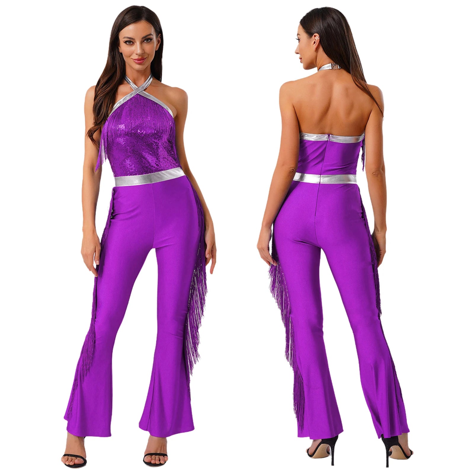 Womens 70s Disco Party Jumpsuit Halter Shiny Sequins Tassel Flared Pants Latin Jazz Dance Rompers Rave Festival Prom Clubwear