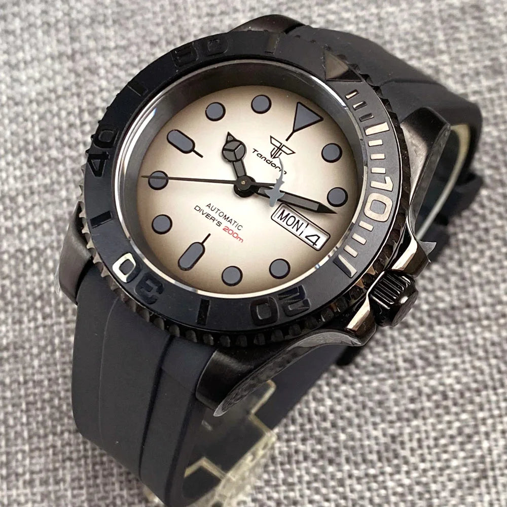 Tandorio 200M Waterproof NH36A Vintage Black Dial Automatic Men Swim Diver Watch PVD Case Date Week Display Rubber Band