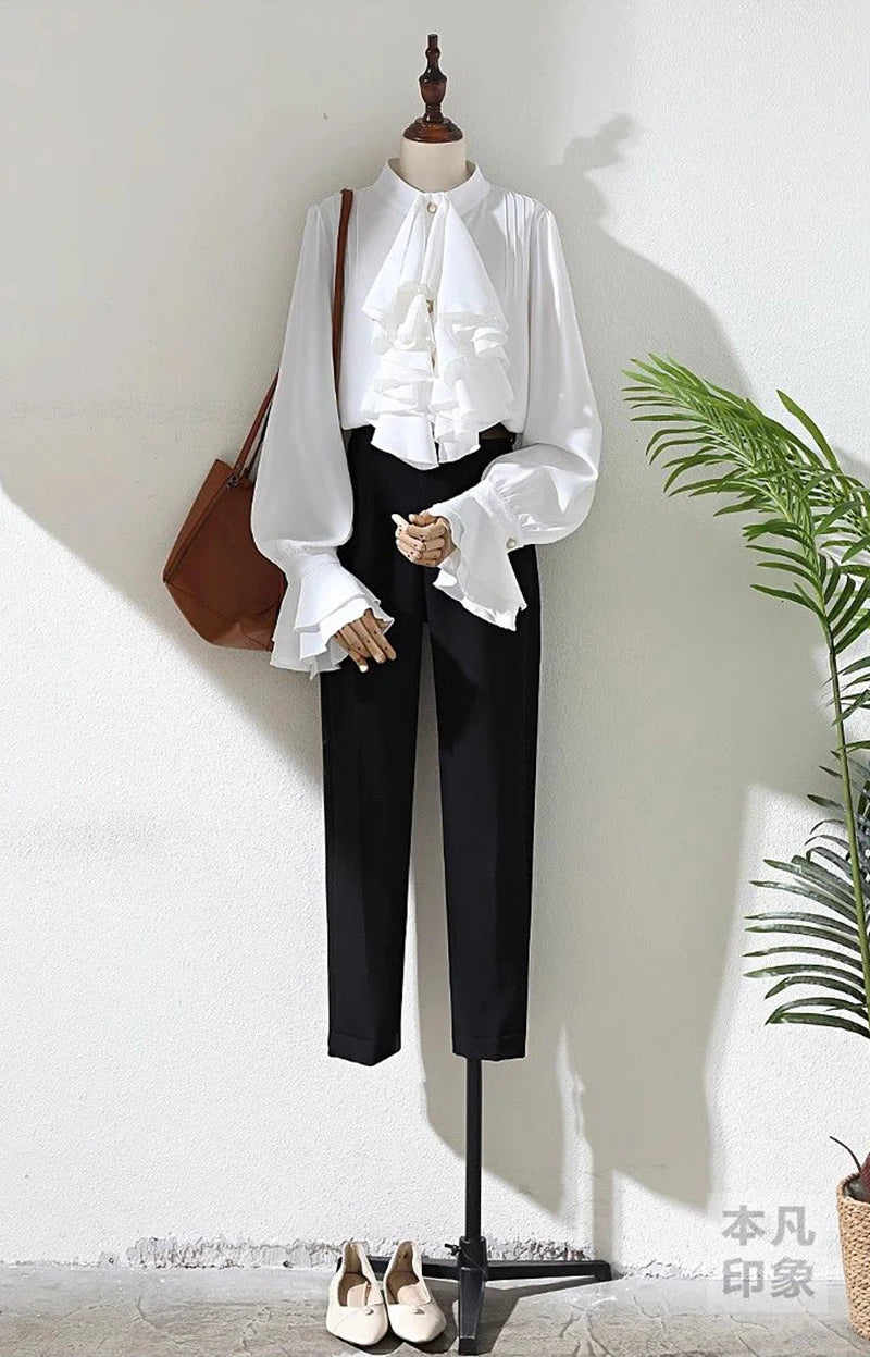 MEXZT Vintage White Shirts Women Elegant Ruffles Flare Long Sleeve Blouses Office Ladies Korean Single Breasted Design Chic Tops
