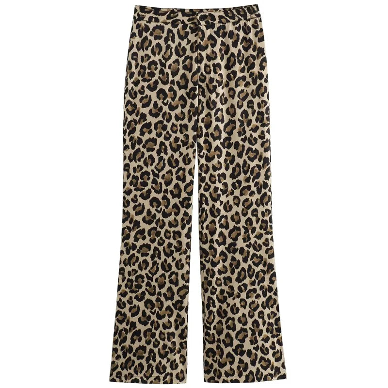 HXAO Leopard Flared Pants Women's Pants Summer 2025 Lady Fashion Vintage Animal Print High Waist Pants Chic Office Wear Trousers