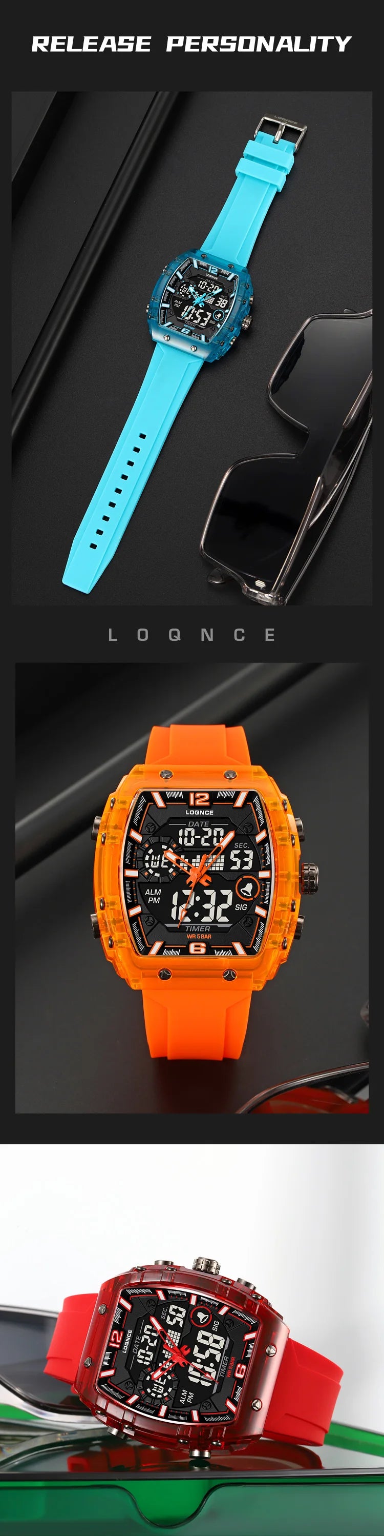 Fashion LOQNCE 98003 Men's Watch High Quality Analog-Digital Dual Movement Calendar Luminous 50M Waterproof Watch Silicone Band