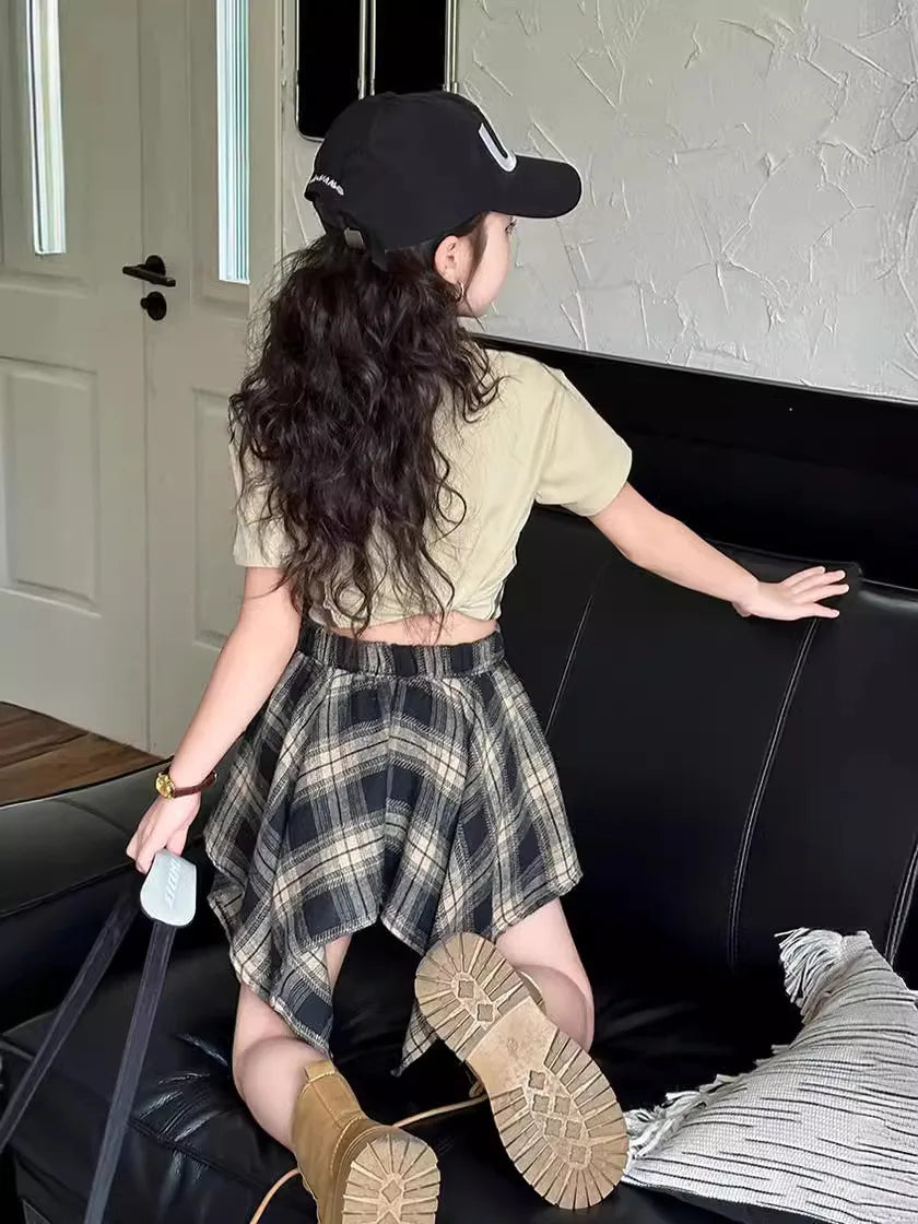 junior Girls Summer skirt Set 2024 Fashion Cotton Short t-shirt Irregular plaid Skirt Two Piece kids clothes suit child outfits