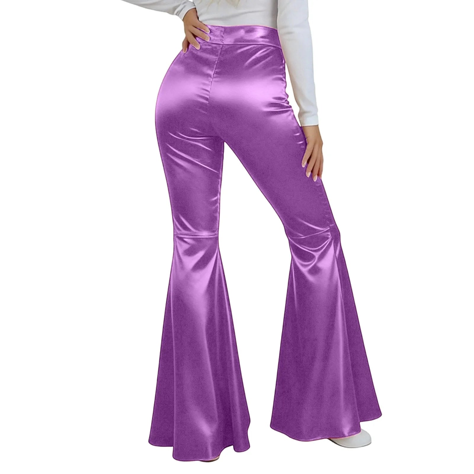 Women's Sequin Flared Pants High Waist Shiny Disco Party Trousers Loose Fit Dance Club Stretchy Bell Bottom Wide Leg Trousers