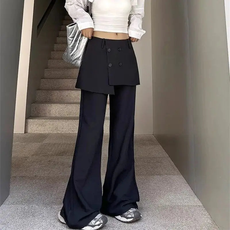 Korean Women's Apron Pants Short Skirt Patchwork Fashion High Street Fake Two Pants Solid Color High Waist Flared Pants 937P