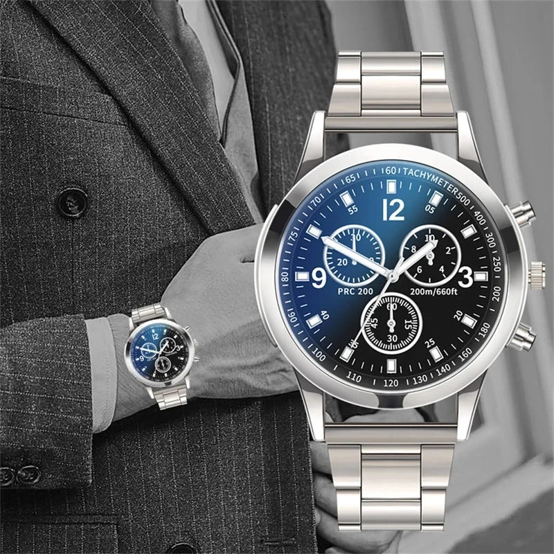 2Pcs/Set Fashion Mens Stainless Steel Bracelet Watches Luxury Quartz Wristwatch Clock Business Casual Watch Relogio Masculino