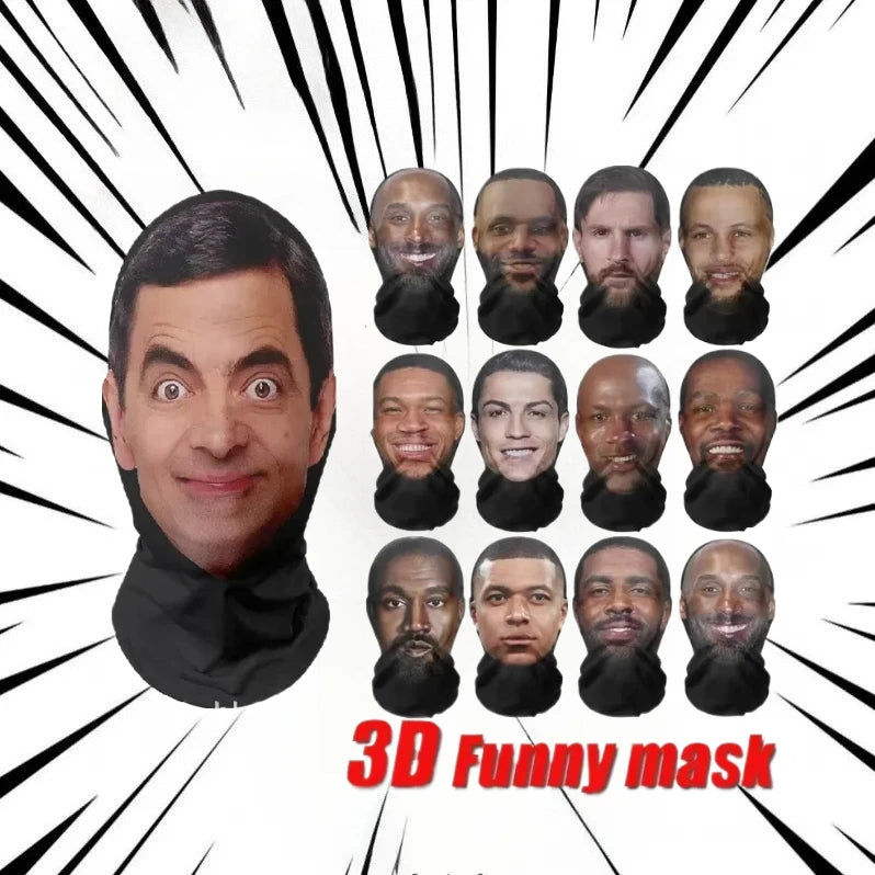 NEW 3D CR7 Mr. Bean Messi Seamless Head Mask Funny Face Printed Head Scarf Famous Person Silk Sunscreen Halloween Cosplay