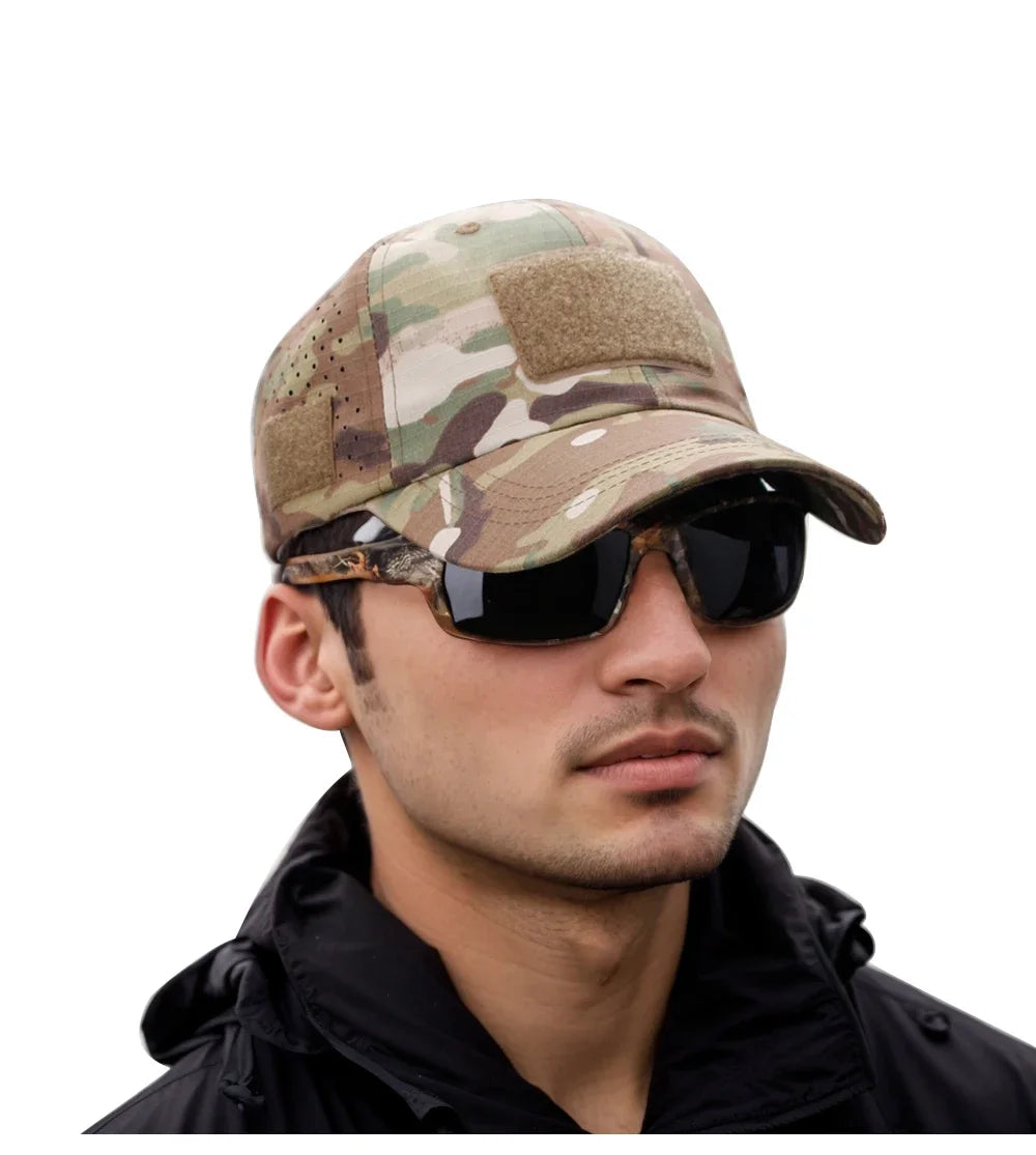 1Pcs Camouflage Baseball Cap Summer Outdoor Tactical Sunscreen Hat for Mens Hiking Fishing Fashion Peaked Cap with DIY Velcro