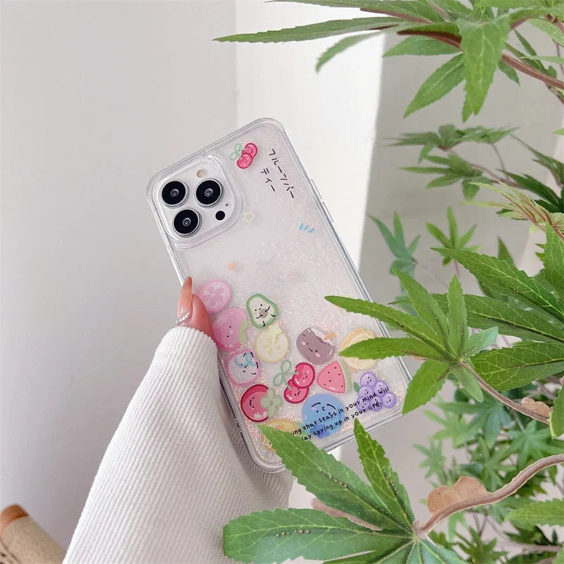 Fruit Floating Icons Quicksand Case for iPhone 16 15 Pro Max Clear Hard Plastic Protective Coque Liquid Sand Cover Phone Housing