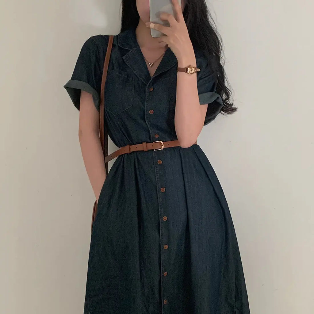 Slimming Chic Retro Chic Long Dr with Belt High Waist A-Line Skirt ort Sve Korean Sle Commute Dr Denim Dr