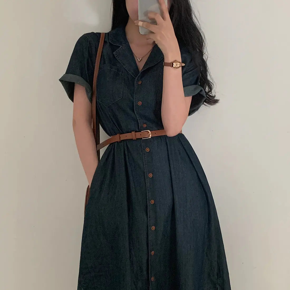Slimming Chic Retro Chic Long Dr with Belt High Waist A-Line Skirt ort Sve Korean Sle Commute Dr Denim Dr