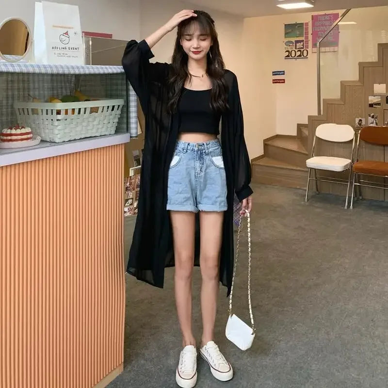 Long Shirts Women Summer Girls Sunscreen Clothing Seethrough Thin Loose Solid Simple Leisure All-match Korean Style Chiffon Tops