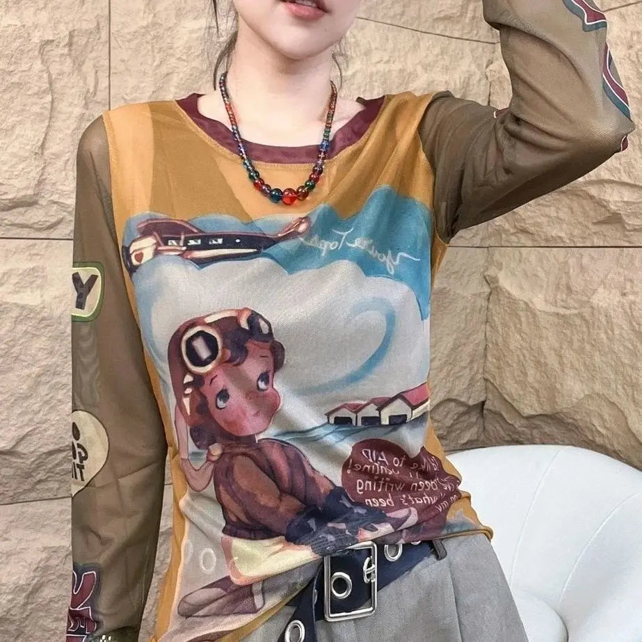 Sunshield Mesh T-Shirt Women's Base Layer Elegant Innerwear Summer Long-Sleeve Thin Cover-Up 2025 New Street Style Collection