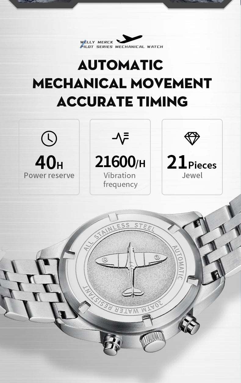 WM Watch Automatic Mechanical Watches Waterproof Multifunctional Business Men's Watches Watch Welly Merck Watch WM166M