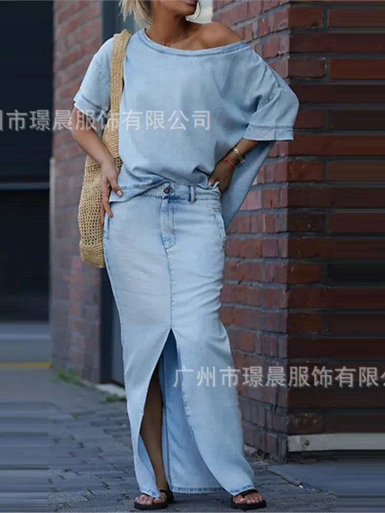 Denim Blue Fashion Split Skirt 2 Piece Set Casual Loose Off-the-shoulder Top + Slim Elegant Pencil Skirt Two-piece Set Women's