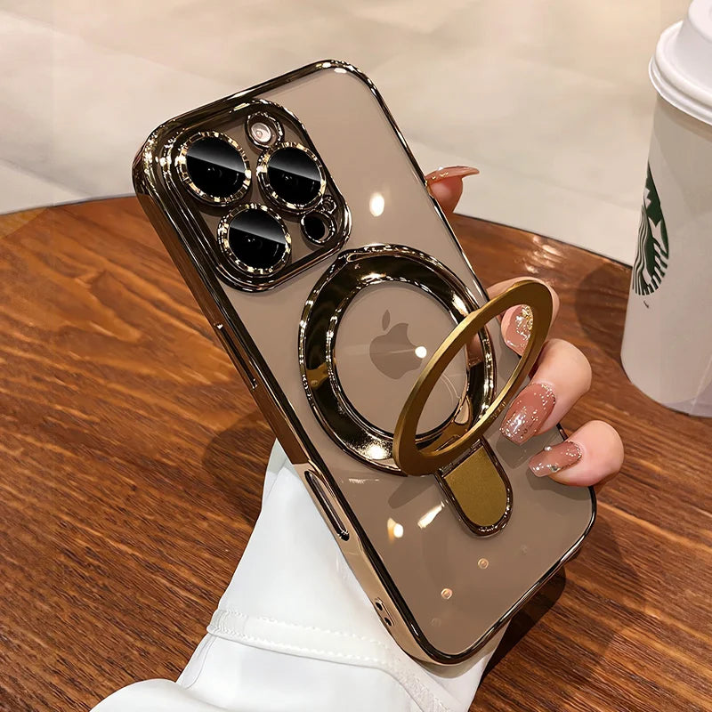 for Magsafe Bracket Plating Case for iPhone 16 15 14 Pro Max Plus 13 12 Magnetic Stand Ring Holder Transparent Shockproof Cover