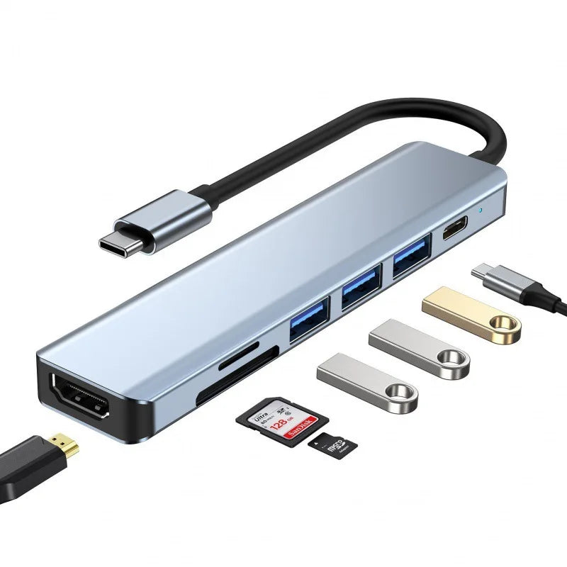 Type C 7 in 1 TypeC Hub PD87W 4K 30Hz HD Converter TF SD Card Reader USB3.0 HDMI for PC Laptop Tablt Otg