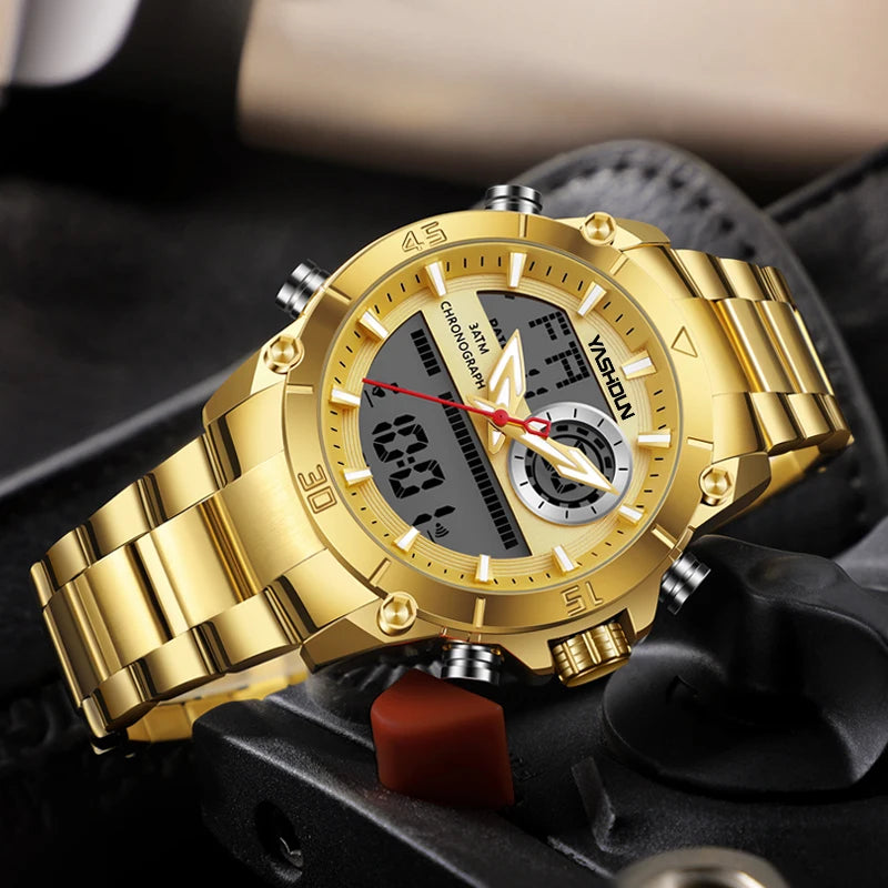 Multi-functional sports men's watch with dual movement electronic steel band luminous waterproof quartz wristwatch