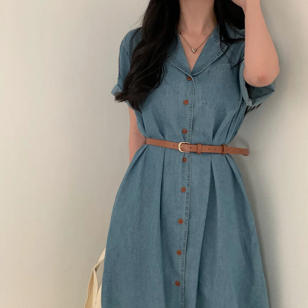 Slimming Chic Retro Chic Long Dr with Belt High Waist A-Line Skirt ort Sve Korean Sle Commute Dr Denim Dr