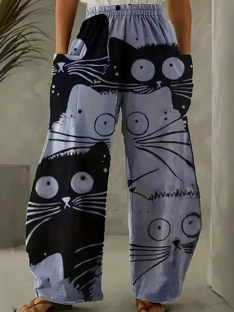 Loose Vintage Pants For Women Have Pocket Pants Cartoon New Fun Cat Animal Print Casual Women's Bloomers And Trendy Pants