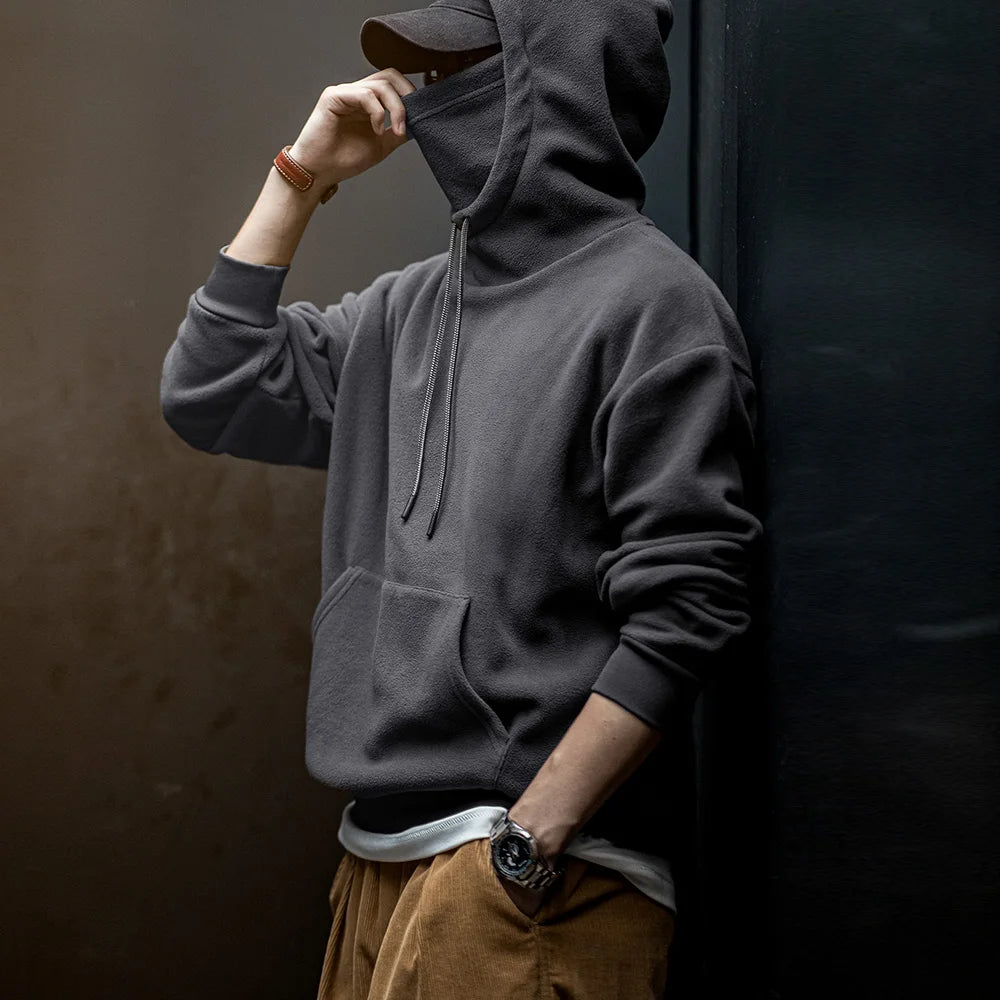 Maden Casual Polar Fleece Hooded Sweatshirt Solid Color Windproof Pullover with Face Mask Warm Tops for Men's Fall and Winter