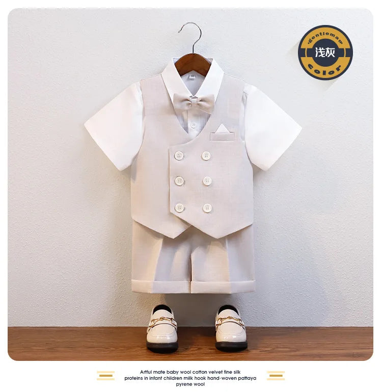 JUCPKID Kids Boys Summer Vest Shorts Suit Formal Elegant Children Boys Wedding Suit Junior Boys Blue Gray Short-sleeved Vest Set