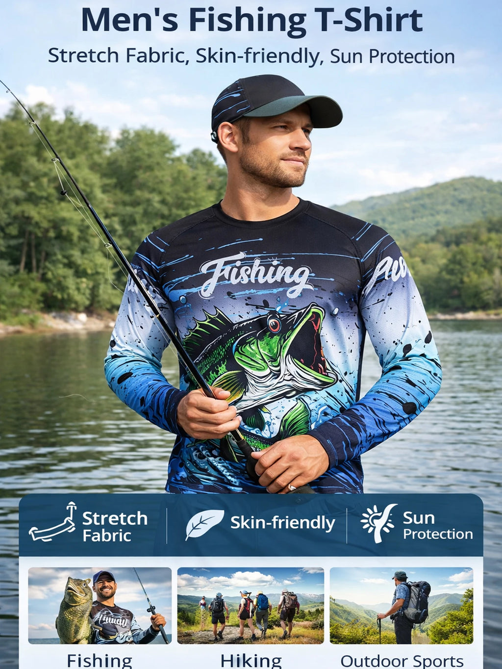 2025 Fishing Shirt Men Summer Outdoor Fishing Clothing Sunscreen Long Sleeve Fish Print Casual Shirts Anti-UV Fishing Shirts